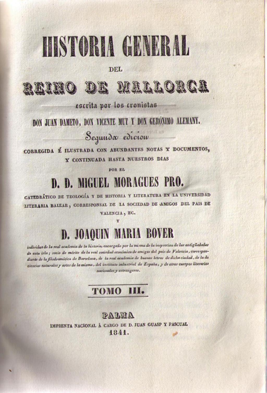 Coberta de Historia General del Reino de Mallorca ( Tom III)